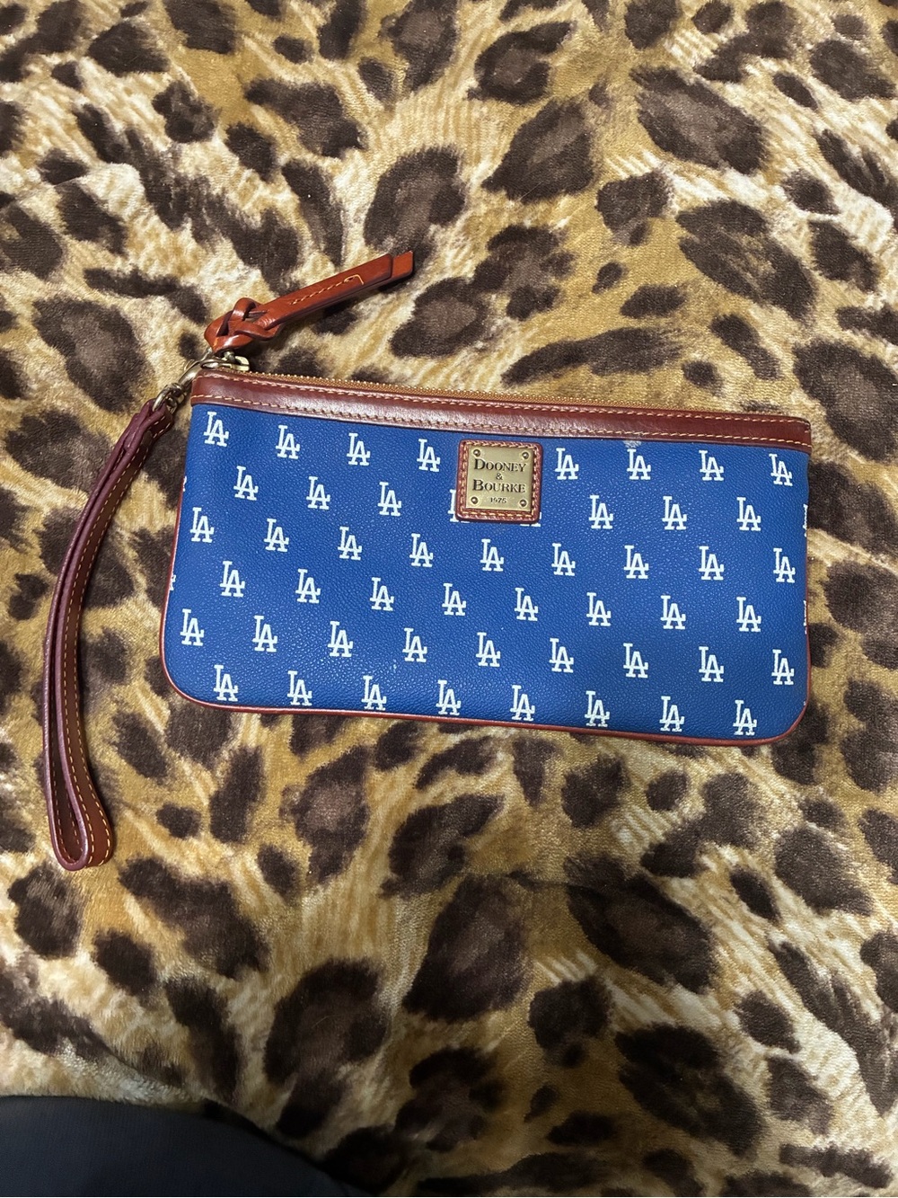 Dooney & Bourke Blue LA Logo Wristlet with Brown Trim
